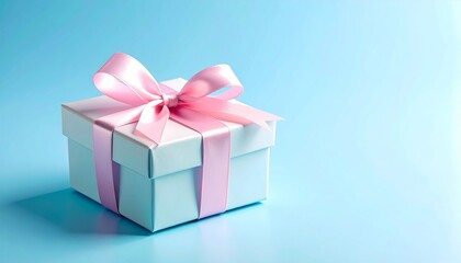 Obraz premium Pastel gift box with pink ribbon on blue background