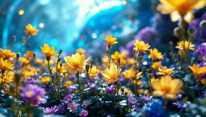 A futuristic garden with bioluminescent plants growing upside-down from the sky, a person meditating at the center, neon and nature fusion