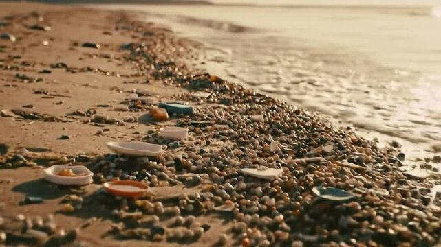 Polluted shoreline with plastic debris