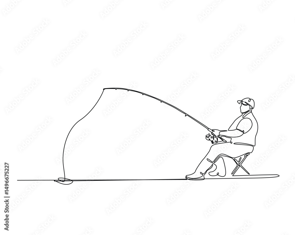 Poster continuous one line drawing of man fishing in the lake. fisherman throws a hook in simple outline il