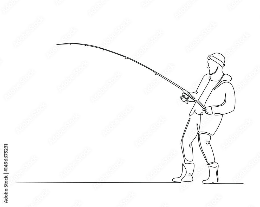 Poster continuous one line drawing of man fishing in the lake. fisherman throws a hook in simple outline il