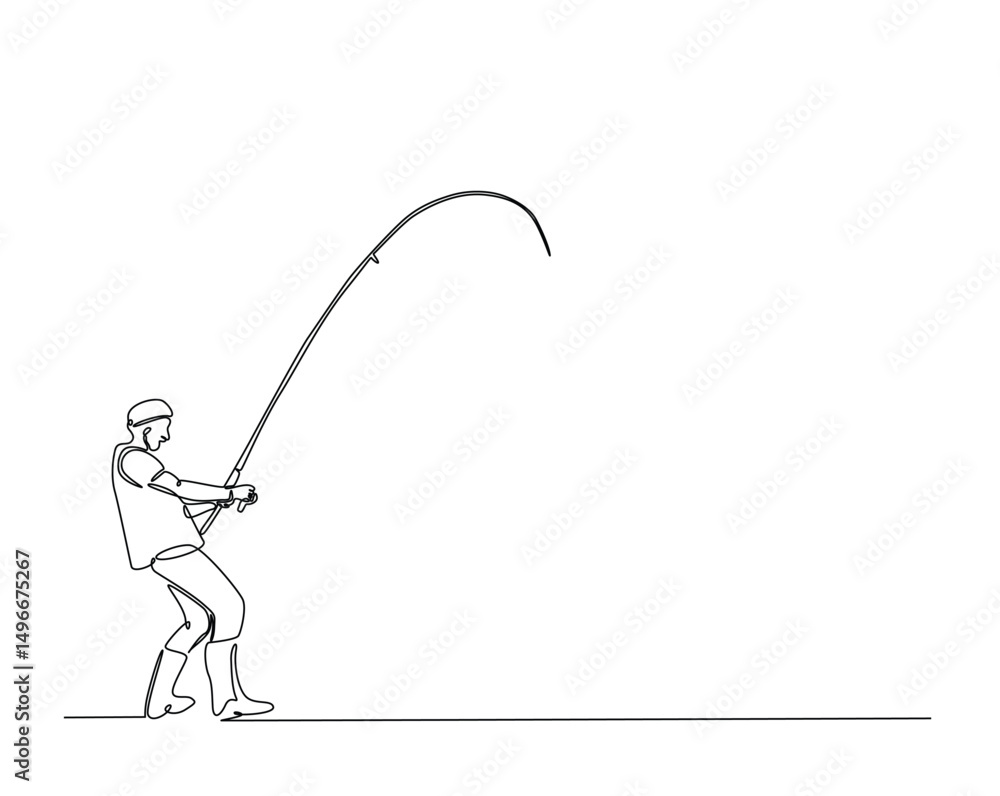 Poster continuous one line drawing of man fishing in the lake. fisherman throws a hook in simple outline il