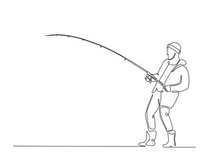 Continuous one line drawing of man fishing in the lake. Fisherman throws a hook in simple outline illustration. Editable line vector