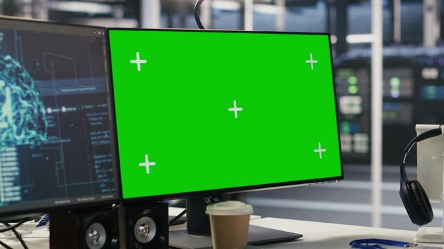 Mockup computer in high tech data center office used for AI system monitoring and performance tracking. Green screen PC overseeing server rigs involved in computing operations