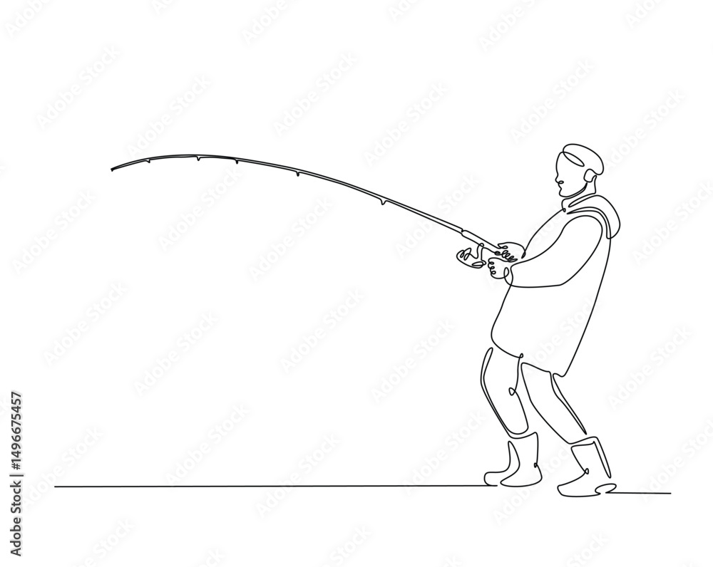 Poster continuous one line drawing of man fishing in the lake. fisherman throws a hook in simple outline il