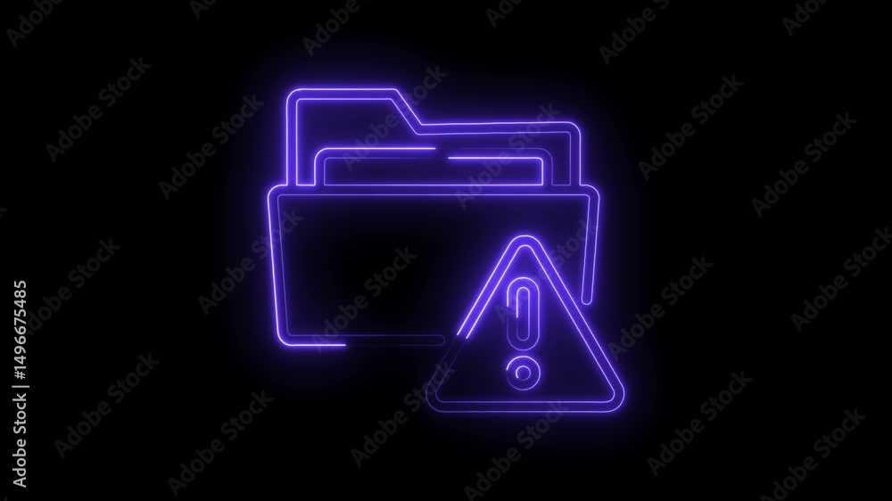 Poster neon folder icon with warning sign glows purple for computer security problem