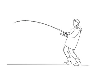 Continuous one line drawing of man fishing in the lake. Fisherman throws a hook in simple outline illustration. Editable line vector
