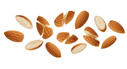 Almond slices captured in mid-air, with a clean white transparent background. Ideal for promoting healthy snacks and Asian culinary traditions.
