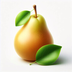 Single ripe yellow pear with green leaves