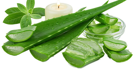 Refreshing image of fresh aloe vera leaves and gel, arranged in a serene spa setting with a soothing green theme. Ideal for wellness and beauty.