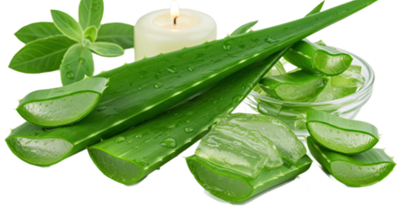 Refreshing image of fresh aloe vera leaves and gel, arranged in a serene spa setting with a soothing green theme. Ideal for wellness and beauty.