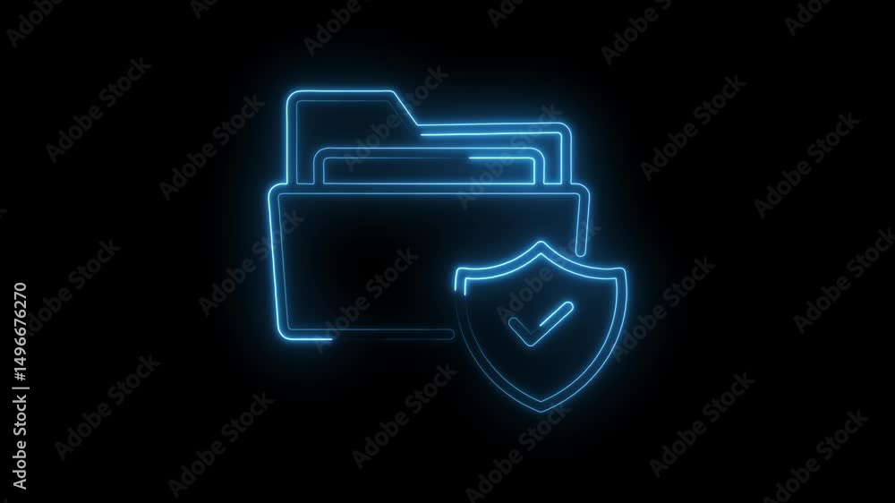 Poster Glowing neon folder with security shield icon represents data privacy and file protection