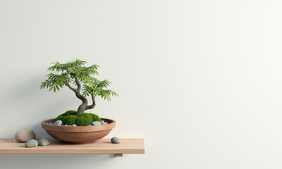 Serene Bonsai Tree on Minimalist Shelf - Minimalism