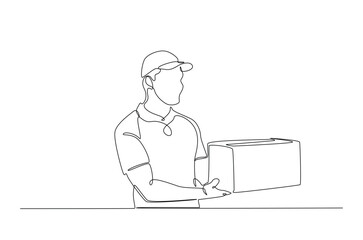 Delivery man holding cardboard box in continuous one line drawing. Single line art illustration of courier man carries parcel. Editable vector.