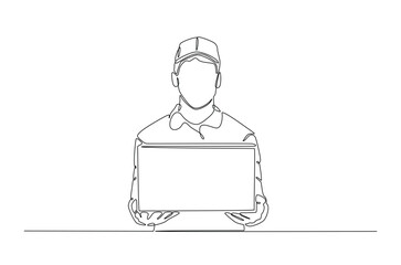 Delivery man holding cardboard box in continuous one line drawing. Single line art illustration of courier man carries parcel. Editable vector.
