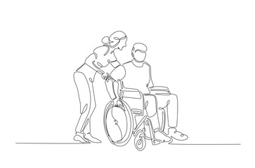 Fototapeta premium Man with physical disability sitting in wheel chair in continuous one line drawing. Single line art illustration of woman pushing patient wheelchair. Editable vector.