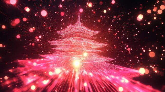 Digital Pagoda in a Vibrant Glow