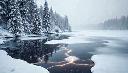 A frozen lake with glowing circuit lines beneath the surface, surrounded by surreal snowy pine trees made of chrome