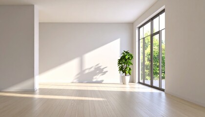 Sunlight streams into a minimalist room with green plants.