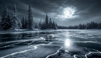 A frozen lake with glowing circuit lines beneath the surface, surrounded by surreal snowy pine trees made of chrome
