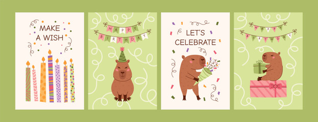 Obraz premium Birthday capybara greeting card collection for kids. Cute capybara characters, candles, party hat, clapper, firework, confetti, gift boxes. Celebration pastel delicate flat vector poster set.