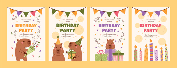 Birthday party invitation set with capybaras, candles, gift boxes, confetti. Universal invite design for kids with animal characters. Vector pastel cute flat vector collection.