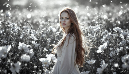 A person walking through a forest where each tree shows a different season, glowing leaves for spring, icy glass for winter, surreal transition landscape