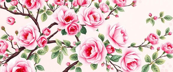 Pink chinoiserie watercolor rose bouquet blooming tree seamless pattern floral texture, spring, illustration
