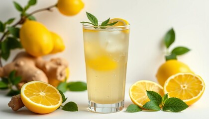 Fototapeta premium Refreshing ginger lemon drink in glass, white background, vitamin c, photography