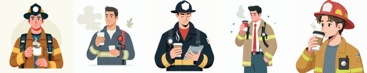 firefighter character vector drinking coffee