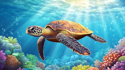 Obraz premium Vibrant sea turtle swimming amidst a coral reef.