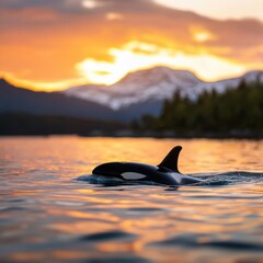 Orca whale swimming in sunset
