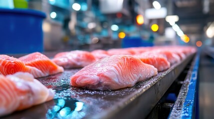 Fresh salmon on conveyor belt