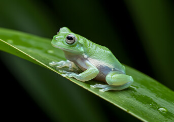 Obraz premium Small green frog on wet leaf