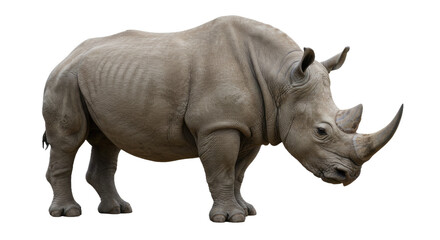 Obraz premium A striking portrait of a rhino, showcasing its magnificent horn from a side view. Cleanly isolated on a transparent white background.