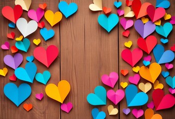 Rustic wood background strewn with diverse, colorful paper hearts, ample blank space,  festive background, colorful
