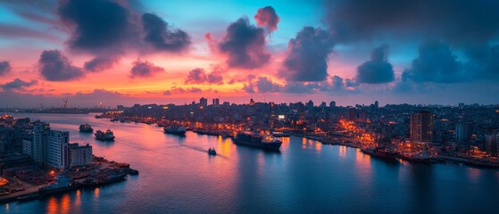 Fototapeta premium bustling port city at sunrise with ships docked, goods being traded, and the promise of a new day, Generative AI