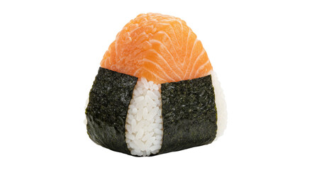 A classic Japanese salmon onigiri rice ball with nori seaweed, isolated on a transparent white background. Perfect for showcasing Asian culinary arts.