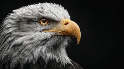 Fototapeta premium Dramatic Close-up Portrait of a Bald Eagle on Dark Background, Sharp Focus