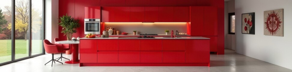 Bold red kitchen island, integrated appliances, minimalist design, red, contemporary