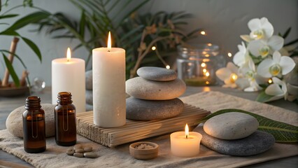 Soothing spa environment with glowing candles, smooth stones, and aromatic oils. Perfect for wellness, relaxation, and self-care concepts.
