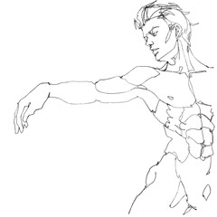 contour drawing for graphic design, pencil sketches of muscular male figures in dynamic action poses, draw from imagination,