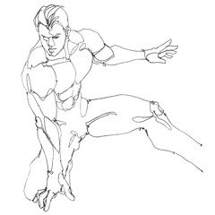contour drawing for graphic design, pencil sketches of muscular male figures in dynamic action poses, draw from imagination,