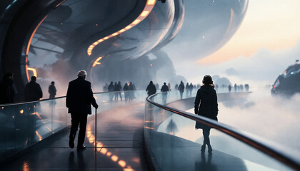 A futuristic city skyline floating above clouds, glowing softly under a crescent moon, people walking on invisible bridges in the sky, dreamlike ambiance