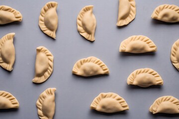 Raw pierogi arranged on gray surface