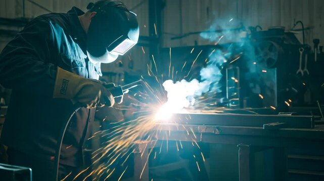 Skilled welder working on metal project in industrial workshop  