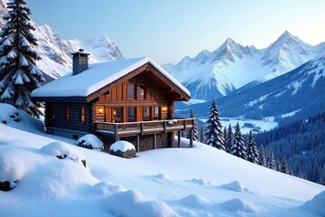 Cozy mountain chalet nestled amidst snow-capped peaks, offering breathtaking views and rustic charm  Perfect for a winter escape or adventurous holiday ,  holiday,  cabin