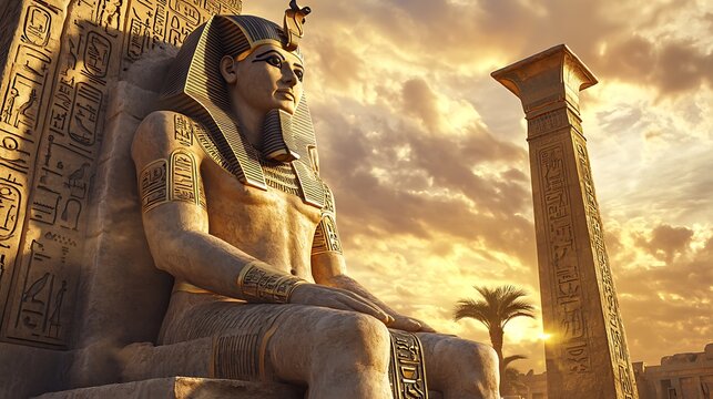 Ancient pharaoh statue and obelisk against a golden sunset.