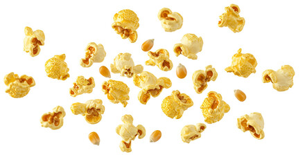 Visually engaging image of popcorn floating, isolated on a white transparent background. Ideal PNG...