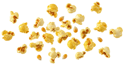 Visually engaging image of popcorn floating, isolated on a white transparent background. Ideal PNG for snack ads, movie posters, and culinary designs.